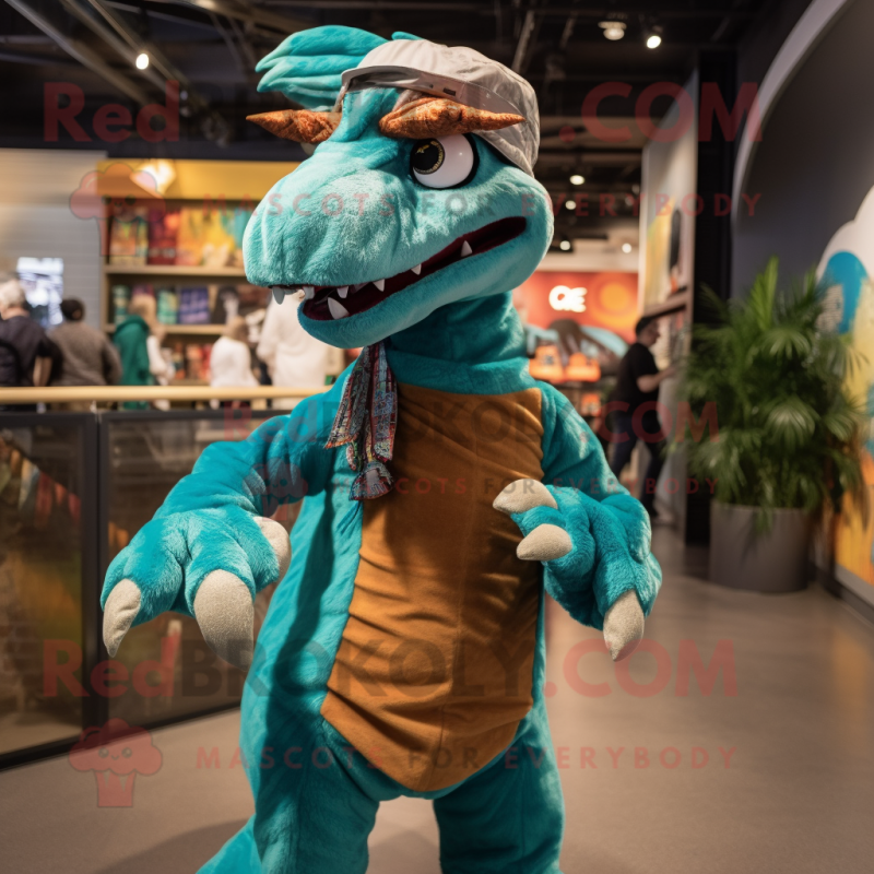 Turquoise Velociraptor mascot costume character dressed with a Corduroy Pants and Headbands Turquoise Velociraptor mascot costume character dressed with a Corduroy Pants and Headbands