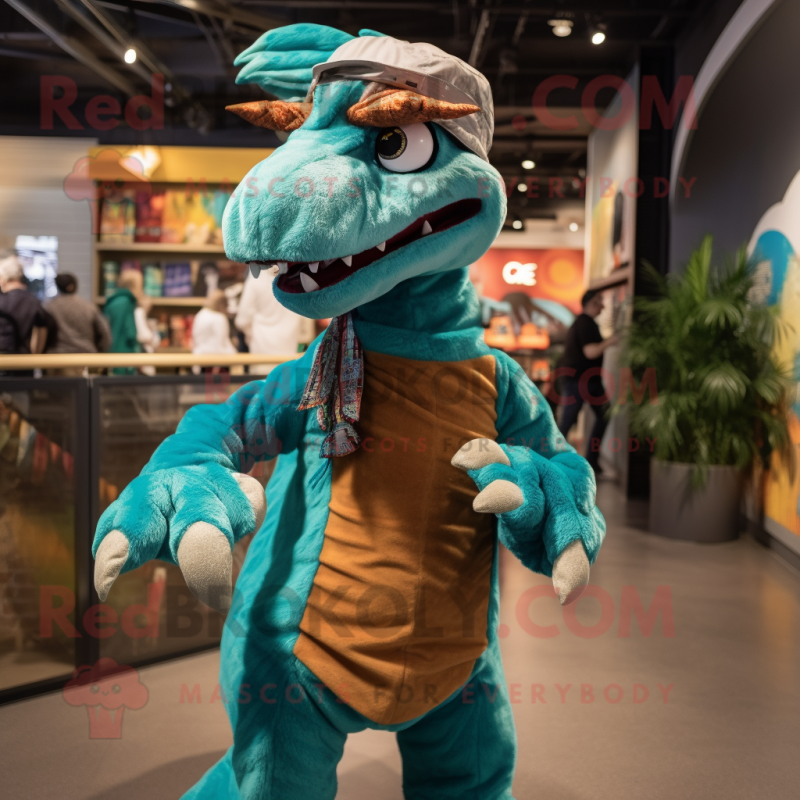 Turquoise Velociraptor mascot costume character dressed with a Corduroy Pants and Headbands