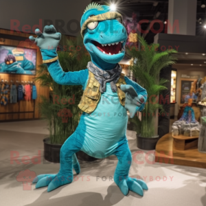 Turquoise Velociraptor mascot costume character dressed with a Corduroy Pants and Headbands