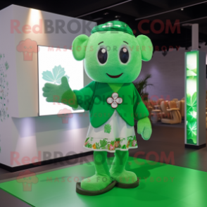 Green Four Leaf Clover mascot costume character dressed with a Cardigan and Anklets