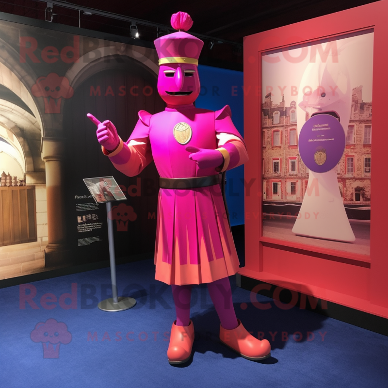 Pink Swiss Guard mascot costume character dressed with a Evening Gown and Cufflinks Pink Swiss Guard mascot costume character dressed with a Evening Gown and Cufflinks