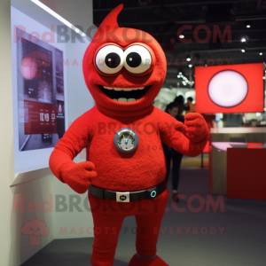 Red Cyclops mascot costume character dressed with a Sweater and Bracelet watches