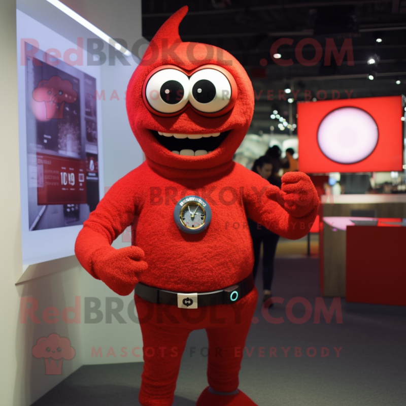 Red Cyclops mascot costume character dressed with a Sweater and Bracelet watches Red Cyclops mascot costume character dressed with a Sweater and Bracelet watches