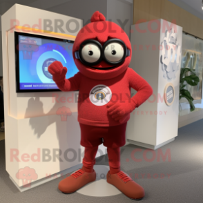 Red Cyclops mascot costume character dressed with a Sweater and Bracelet watches