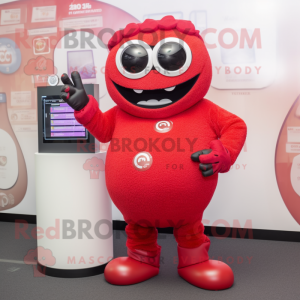 Red Cyclops mascot costume character dressed with a Sweater and Bracelet watches