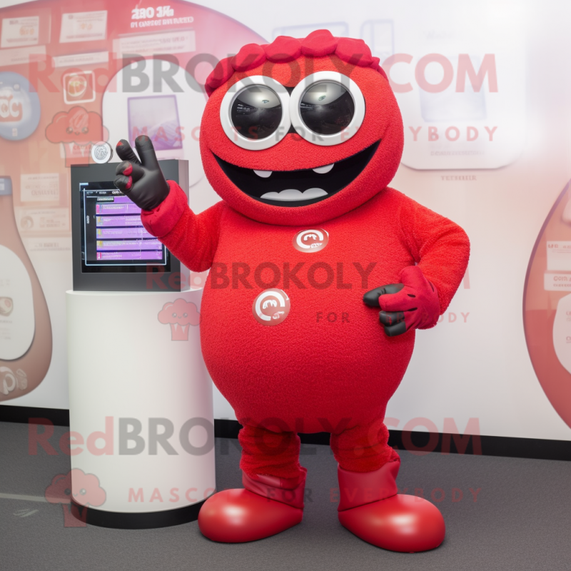 Red Cyclops mascot costume character dressed with a Sweater and Bracelet watches Red Cyclops mascot costume character dressed with a Sweater and Bracelet watches