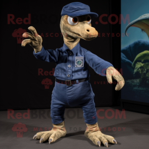 Navy Coelophysis mascot costume character dressed with a Corduroy Pants and Mittens