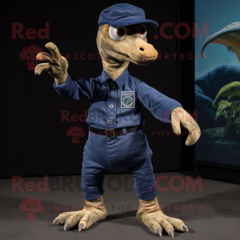 Navy Coelophysis mascot costume character dressed with a Corduroy Pants and Mittens Navy Coelophysis mascot costume character dressed with a Corduroy Pants and Mittens