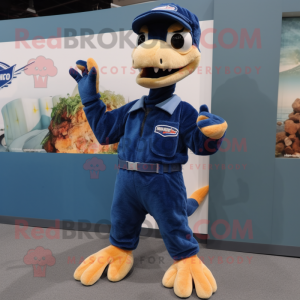 Navy Coelophysis mascot costume character dressed with a Corduroy Pants and Mittens