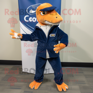 Navy Coelophysis mascot costume character dressed with a Corduroy Pants and Mittens