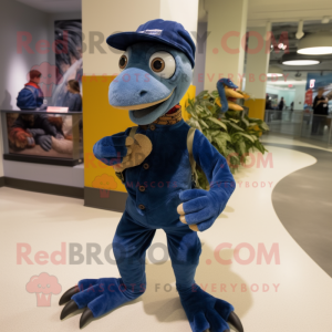 Navy Coelophysis mascot costume character dressed with a Corduroy Pants and Mittens