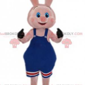 Porquinho rosa mascote com seu macacão azul - Redbrokoly.com