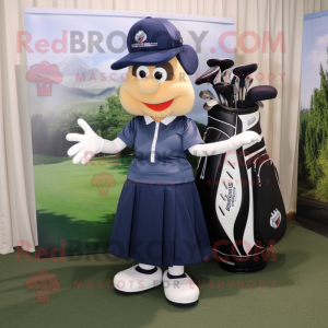 Navy Golf Bag mascot costume character dressed with a Pleated Skirt and Caps