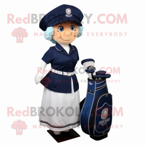 Navy Golf Bag mascot costume character dressed with a Pleated Skirt and Caps