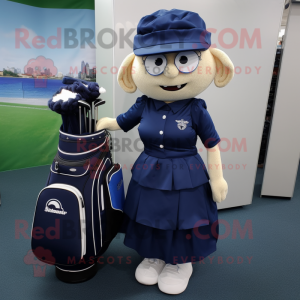 Navy Golf Bag mascot costume character dressed with a Pleated Skirt and Caps