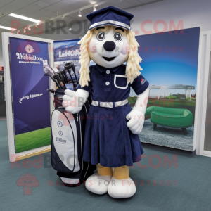 Navy Golf Bag mascot costume character dressed with a Pleated Skirt and Caps