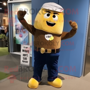 Navy Potato mascot costume character dressed with a Jeans and Ties