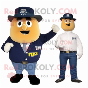 Navy Potato mascot costume character dressed with a Jeans and Ties