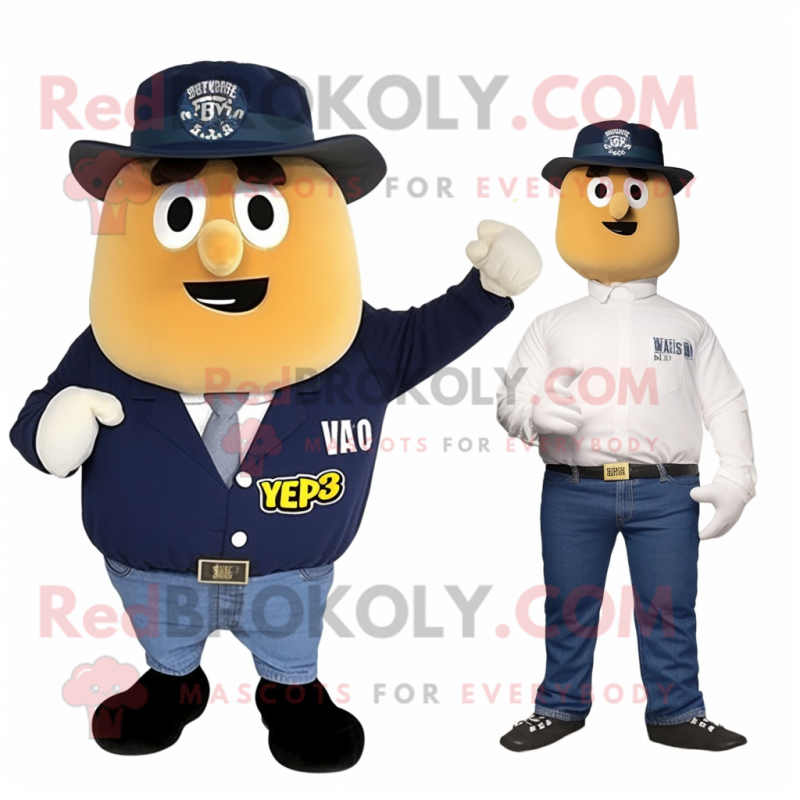 Navy Potato mascot costume character dressed with a Jeans and Ties Navy Potato mascot costume character dressed with a Jeans and Ties