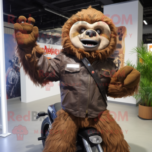 Brown Giant Sloth mascot costume character dressed with a Moto Jacket and Wraps