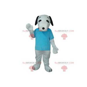 Mascote cachorro branco com sua camiseta turquesa -