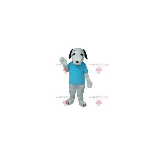 Mascote cachorro branco com sua camiseta turquesa -