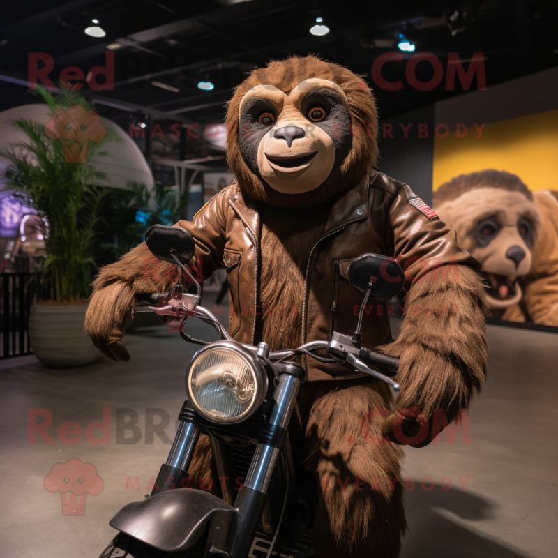 Brown Giant Sloth mascot costume character dressed with a Moto Jacket and Wraps