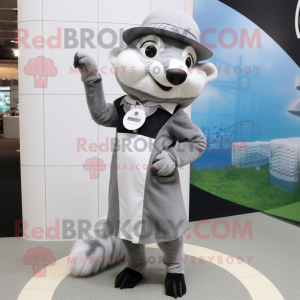Silver Badger mascot costume character dressed with a Pencil Skirt and Berets