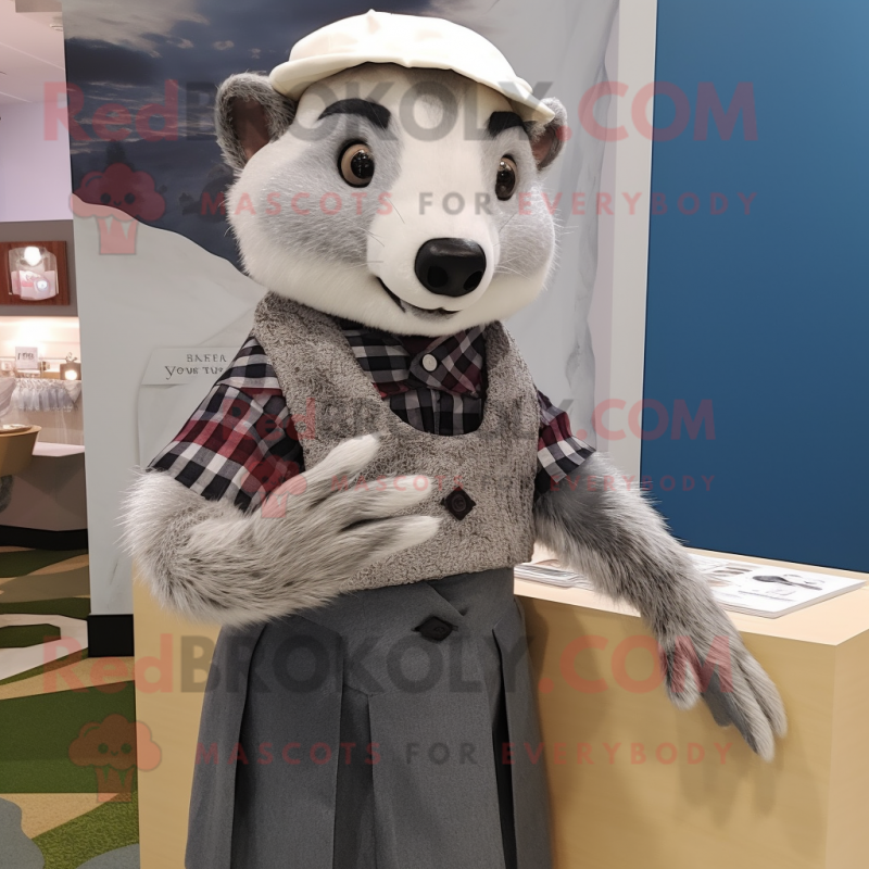 Silver Badger mascot costume character dressed with a Pencil Skirt and Berets