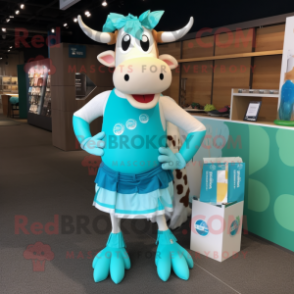 Turquoise Zebu mascot costume character dressed with a Running Shorts and Coin purses