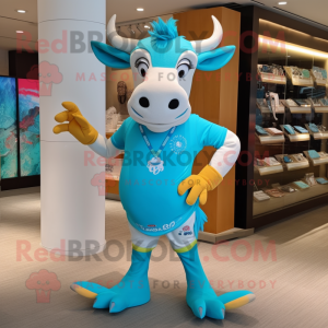 Turquoise Zebu mascot costume character dressed with a Running Shorts and Coin purses
