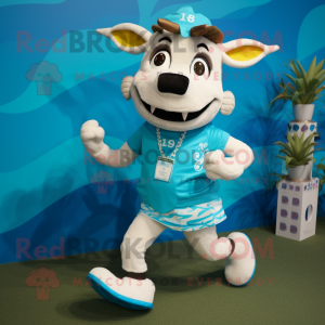 Turquoise Zebu mascot costume character dressed with a Running Shorts and Coin purses