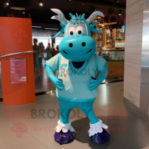 Turquoise Zebu mascot costume character dressed with a Running Shorts and Coin purses