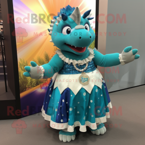 Teal Ankylosaurus mascot costume character dressed with a Maxi Skirt and Necklaces