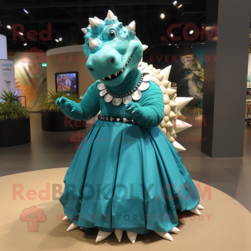 Teal Ankylosaurus mascot costume character dressed with a Maxi Skirt and Necklaces