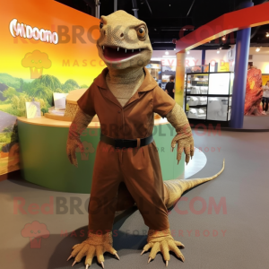 Brown Komodo Dragon mascot costume character dressed with a Wrap Skirt and Suspenders