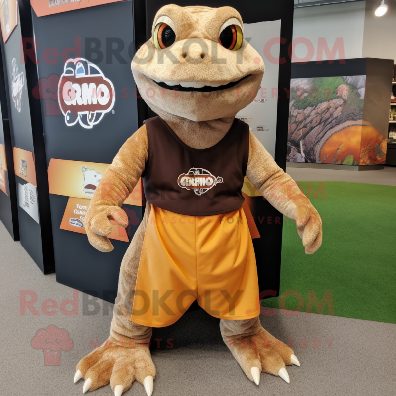 Brown Komodo Dragon mascot costume character dressed with a Wrap Skirt and Suspenders