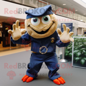 Navy Crab Cakes mascot costume character dressed with a Corduroy Pants and Bracelets