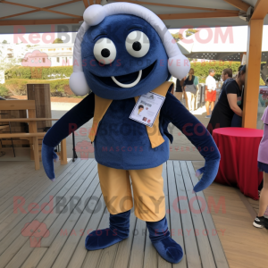 Navy Crab Cakes mascot costume character dressed with a Corduroy Pants and Bracelets