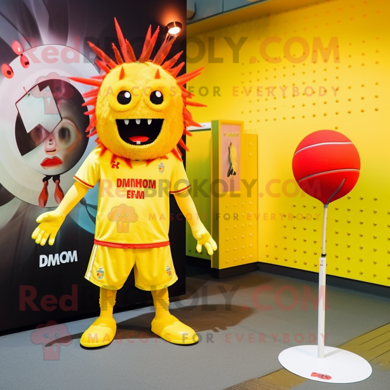 Yellow Demon mascot costume character dressed with a Swimwear and Hairpins Yellow Demon mascot costume character dressed with a Swimwear and Hairpins
