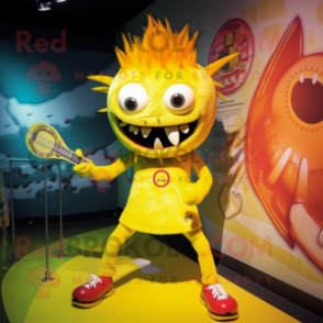 Yellow Demon mascot costume character dressed with a Swimwear and Hairpins