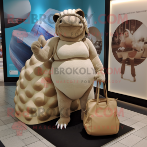 Beige Glyptodon mascot costume character dressed with a One-Piece Swimsuit and Handbags