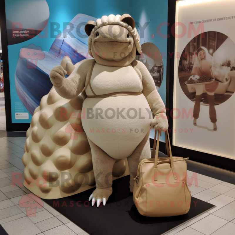 Beige Glyptodon mascot costume character dressed with a One-Piece Swimsuit and Handbags