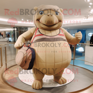 Beige Glyptodon mascot costume character dressed with a One-Piece Swimsuit and Handbags