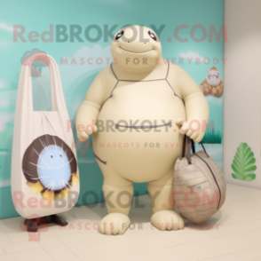 Beige Glyptodon mascot costume character dressed with a One-Piece Swimsuit and Handbags