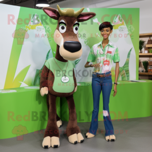 Green Okapi mascot costume character dressed with a Boyfriend Jeans and Earrings