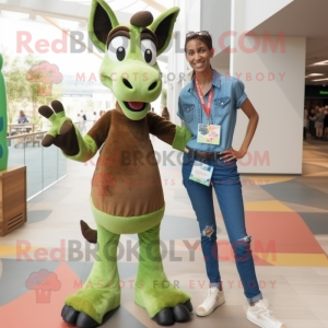 Green Okapi mascot costume character dressed with a Boyfriend Jeans and Earrings