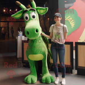Green Okapi mascot costume character dressed with a Boyfriend Jeans and Earrings