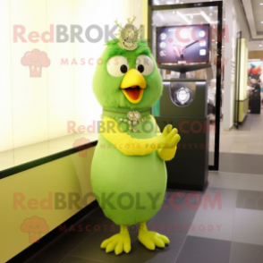 Forest Green Canary mascot costume character dressed with a Evening Gown and Bracelet watches