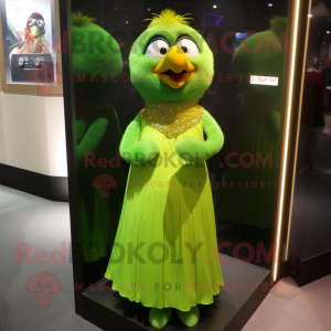 Forest Green Canary mascot costume character dressed with a Evening Gown and Bracelet watches